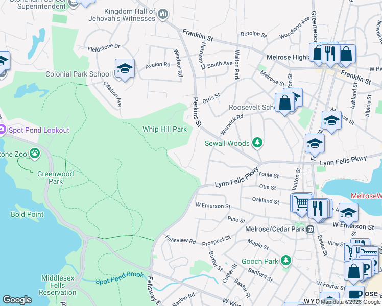 map of restaurants, bars, coffee shops, grocery stores, and more near 61 Newcomb Road in Stoneham