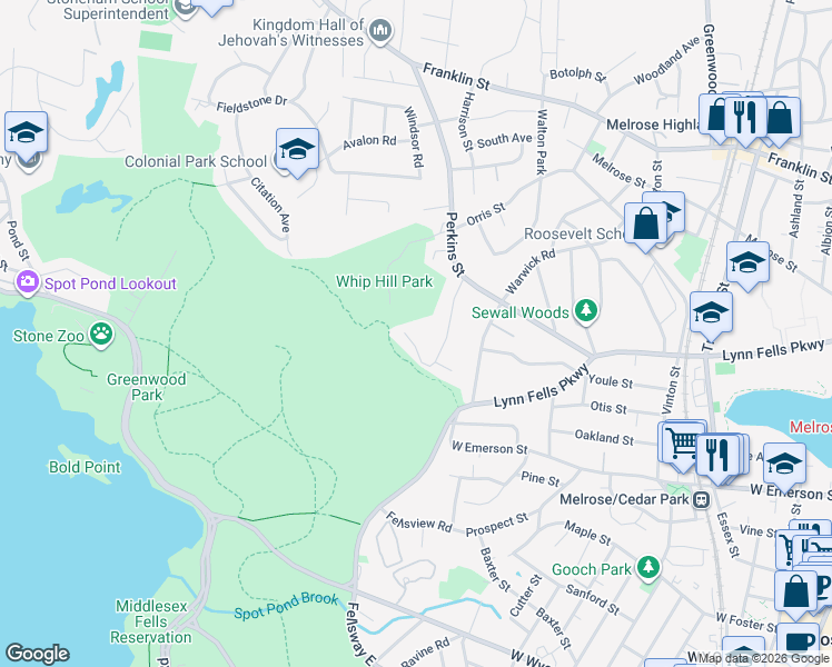 map of restaurants, bars, coffee shops, grocery stores, and more near 61 Newcomb Road in Stoneham