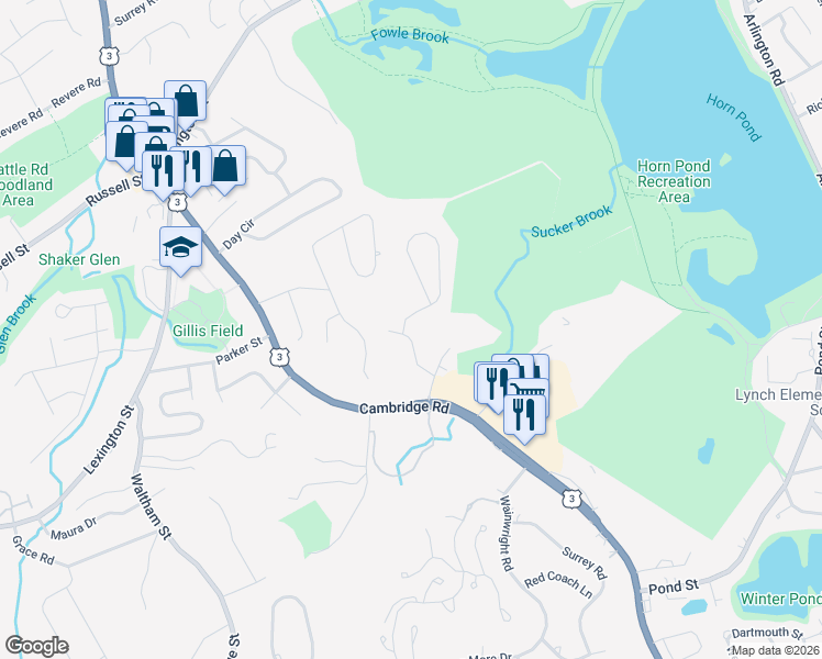 map of restaurants, bars, coffee shops, grocery stores, and more near 5 Ledgewood Road in Woburn
