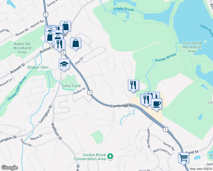 map of restaurants, bars, coffee shops, grocery stores, and more near 26 Hiawatha Road in Woburn
