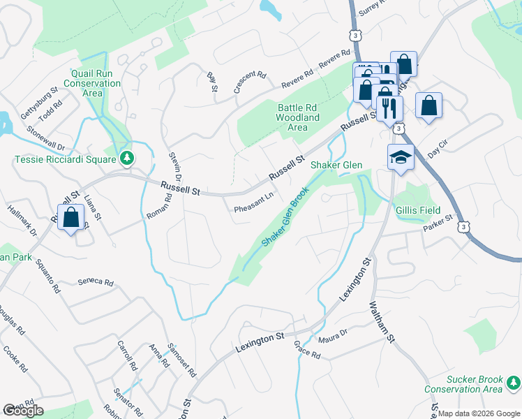 map of restaurants, bars, coffee shops, grocery stores, and more near 15 Pheasant Lane in Woburn
