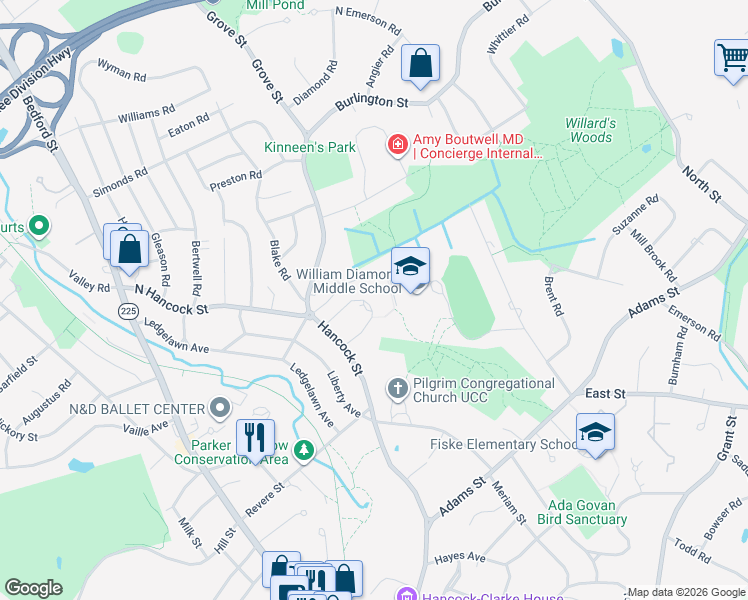 map of restaurants, bars, coffee shops, grocery stores, and more near 16 Victory Garden Way in Lexington