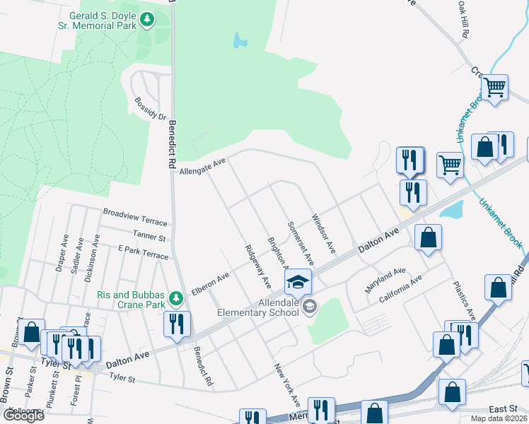 map of restaurants, bars, coffee shops, grocery stores, and more near 102 Brighton Avenue in Pittsfield
