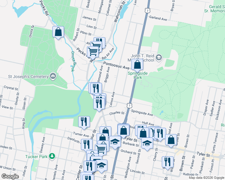 map of restaurants, bars, coffee shops, grocery stores, and more near 73 Lenox Avenue in Pittsfield