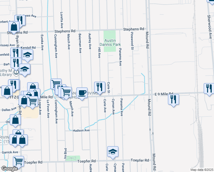 map of restaurants, bars, coffee shops, grocery stores, and more near 23162 Hill Avenue in Warren