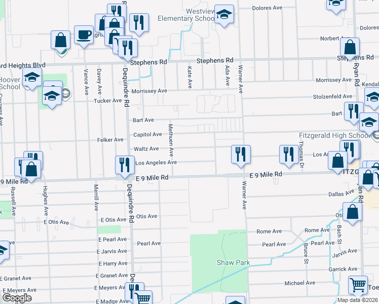map of restaurants, bars, coffee shops, grocery stores, and more near 2332 Waltz Avenue in Warren