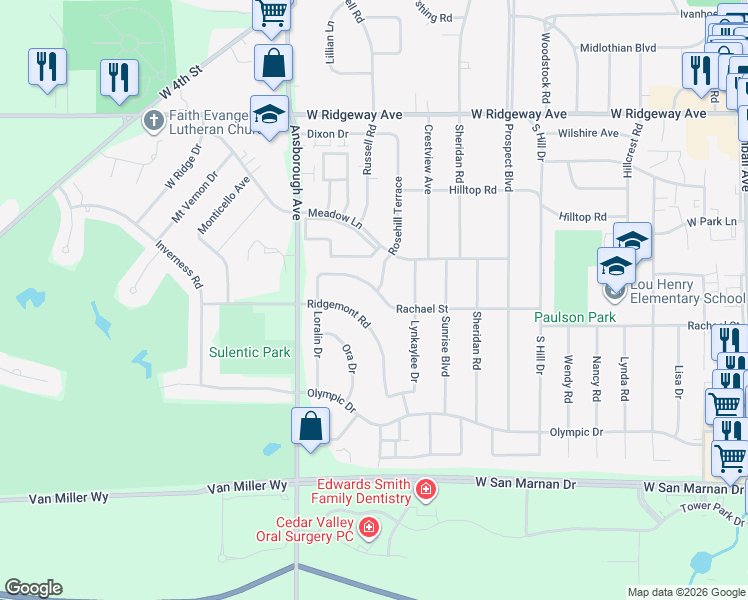 map of restaurants, bars, coffee shops, grocery stores, and more near 1045 Rachael St in Waterloo