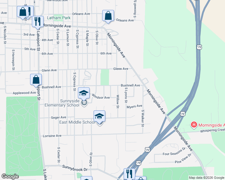 map of restaurants, bars, coffee shops, grocery stores, and more near 2608 South Oleander Street in Sioux City
