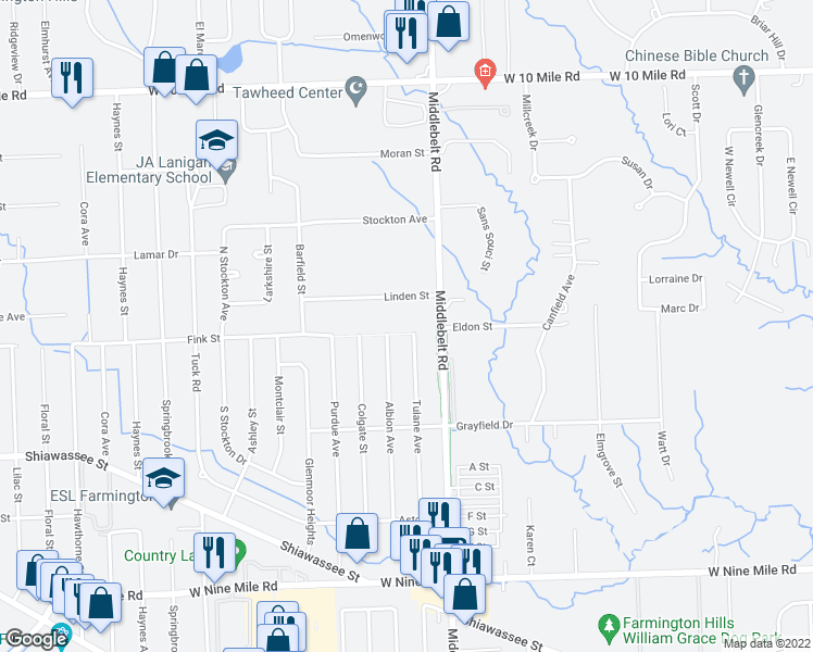 map of restaurants, bars, coffee shops, grocery stores, and more near 23245 Tulane Avenue in Farmington Hills