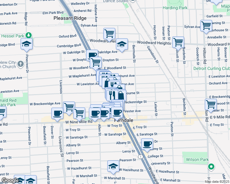 map of restaurants, bars, coffee shops, grocery stores, and more near 23100 Woodward Avenue in Ferndale