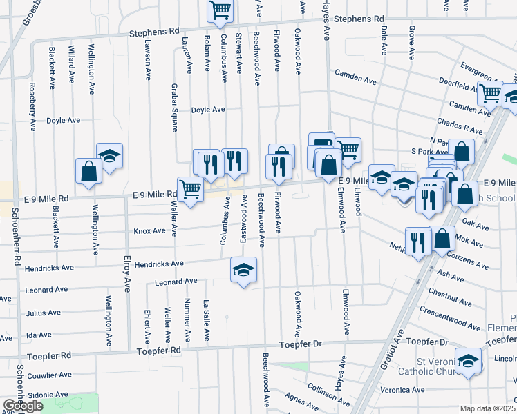 map of restaurants, bars, coffee shops, grocery stores, and more near 22401 Beechwood Ave in Eastpointe