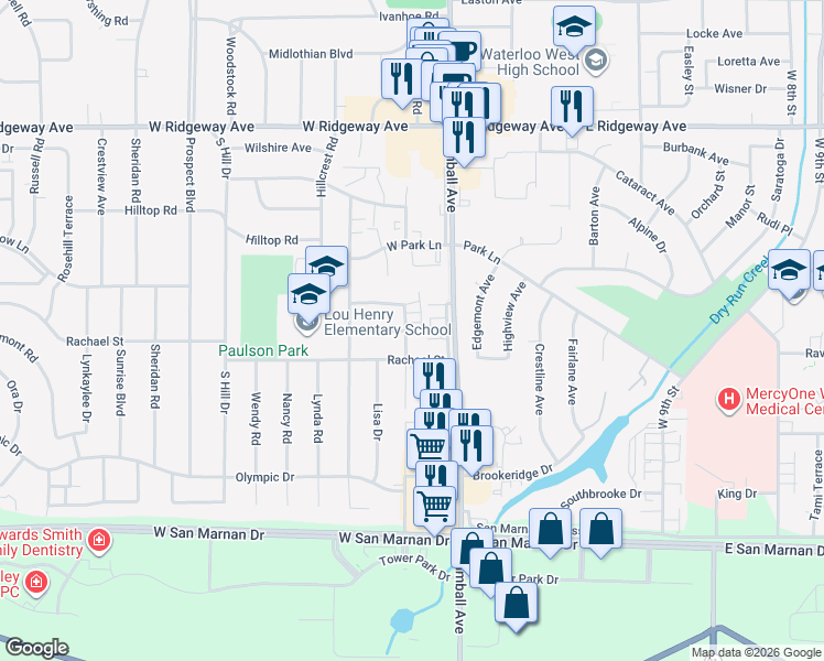 map of restaurants, bars, coffee shops, grocery stores, and more near 3547 Pheasant Lane in Waterloo