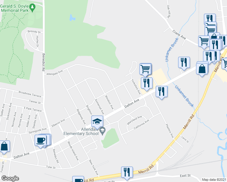 map of restaurants, bars, coffee shops, grocery stores, and more near 43 Allengate Avenue in Pittsfield