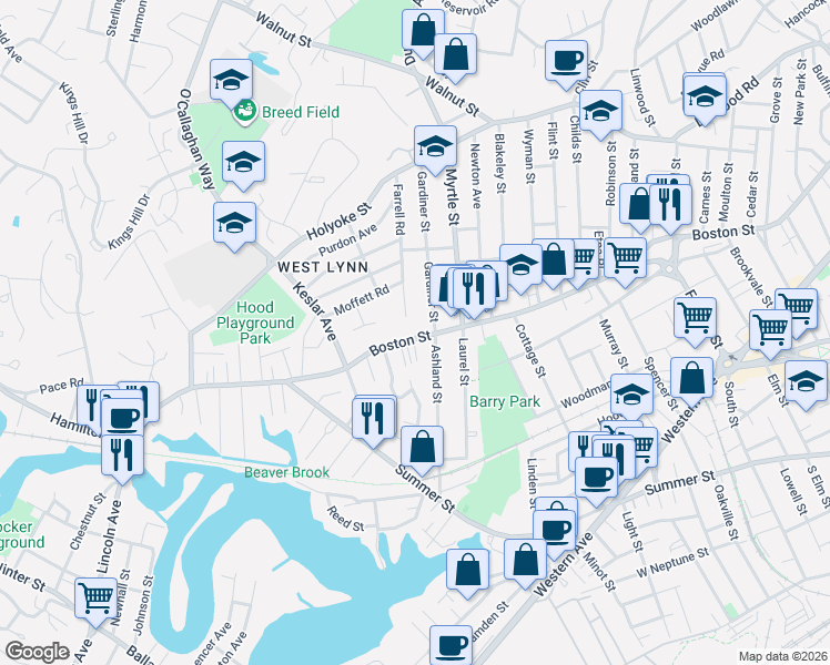 map of restaurants, bars, coffee shops, grocery stores, and more near 649 Boston Street in Lynn