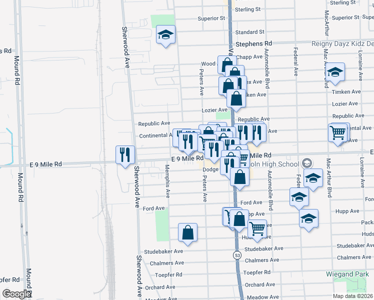 map of restaurants, bars, coffee shops, grocery stores, and more near 7068 Paige Avenue in Warren