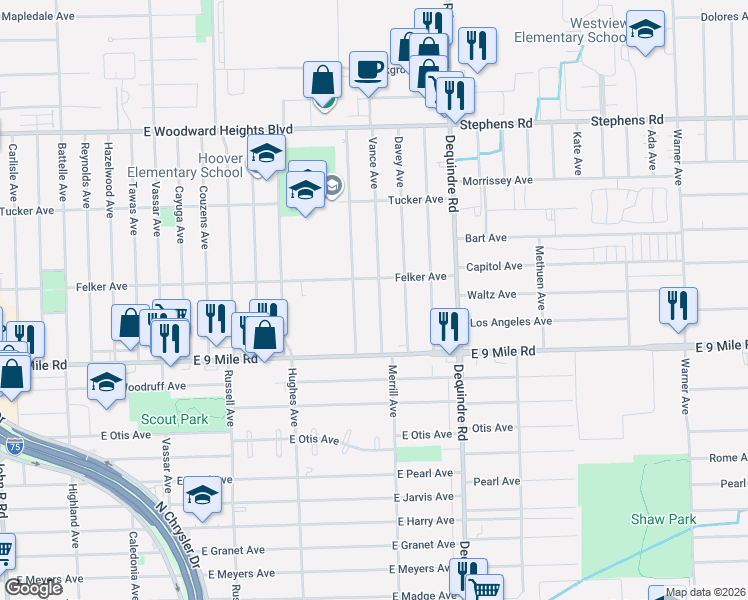 map of restaurants, bars, coffee shops, grocery stores, and more near 23114 Crossley Avenue in Hazel Park