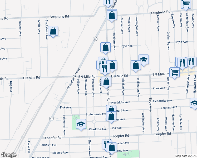 map of restaurants, bars, coffee shops, grocery stores, and more near 13446 East 9 Mile Road in Warren