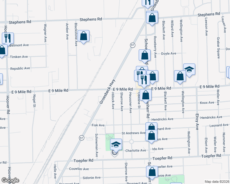 map of restaurants, bars, coffee shops, grocery stores, and more near 13118 East 9 Mile Road in Warren