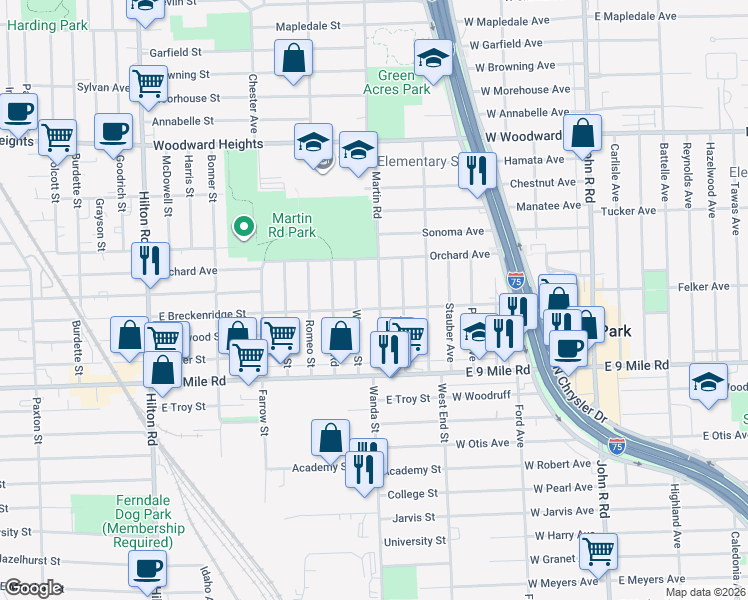 map of restaurants, bars, coffee shops, grocery stores, and more near 2017 Martin Road in Ferndale