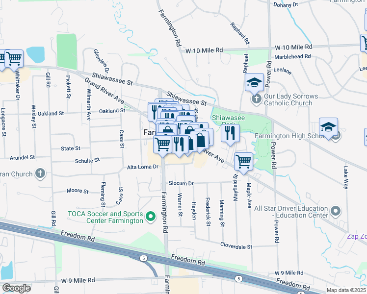 map of restaurants, bars, coffee shops, grocery stores, and more near 33175 Grand River Avenue in Farmington