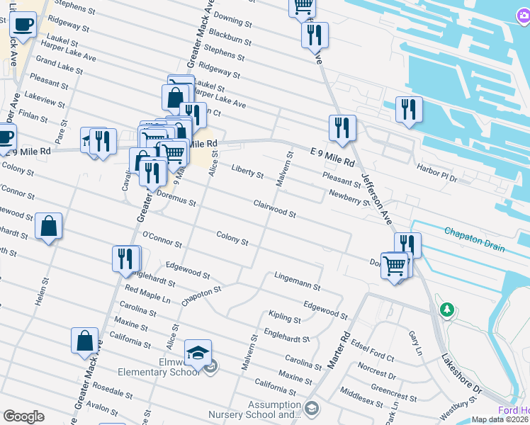 map of restaurants, bars, coffee shops, grocery stores, and more near 22728 Clairwood Street in St. Clair Shores