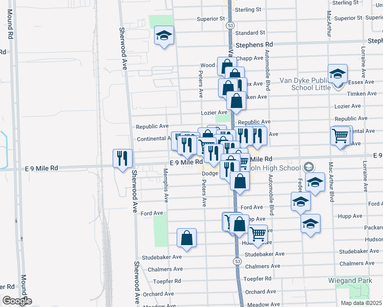 map of restaurants, bars, coffee shops, grocery stores, and more near 23061 Peters Avenue in Warren