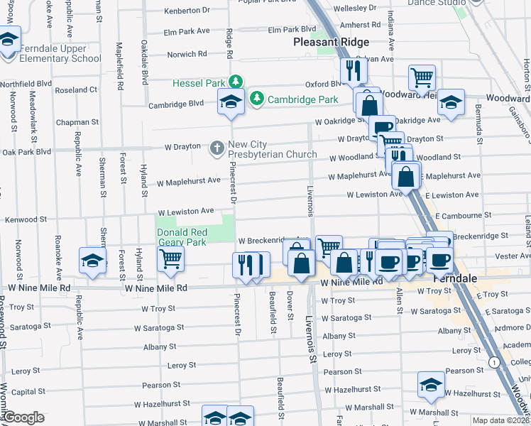 map of restaurants, bars, coffee shops, grocery stores, and more near 708 West Cambourne Street in Ferndale