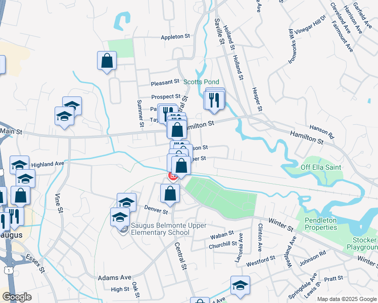 map of restaurants, bars, coffee shops, grocery stores, and more near 11 Pearson Street in Saugus