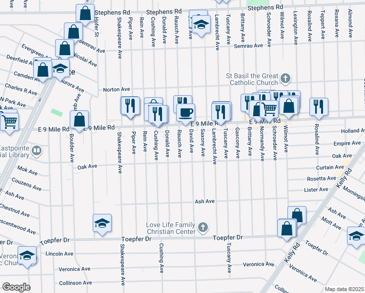 map of restaurants, bars, coffee shops, grocery stores, and more near 22470 Rausch Avenue in Eastpointe