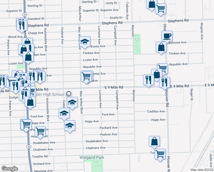 map of restaurants, bars, coffee shops, grocery stores, and more near 11055 East 9 Mile Road in Warren