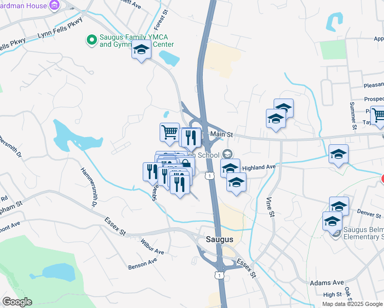 map of restaurants, bars, coffee shops, grocery stores, and more near 180 Main Street in Saugus