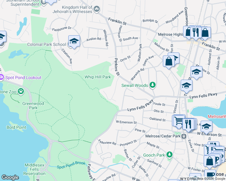 map of restaurants, bars, coffee shops, grocery stores, and more near 61 Newcomb Road in Stoneham