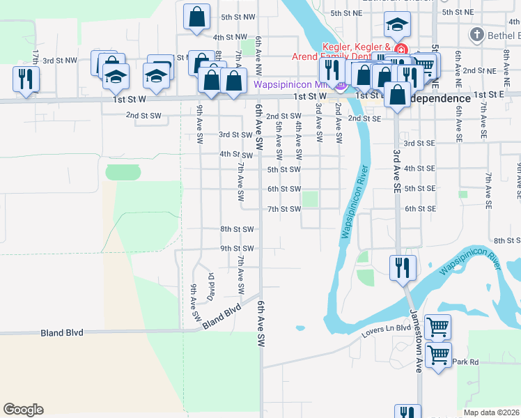 map of restaurants, bars, coffee shops, grocery stores, and more near 601 7th Street Southwest in Independence