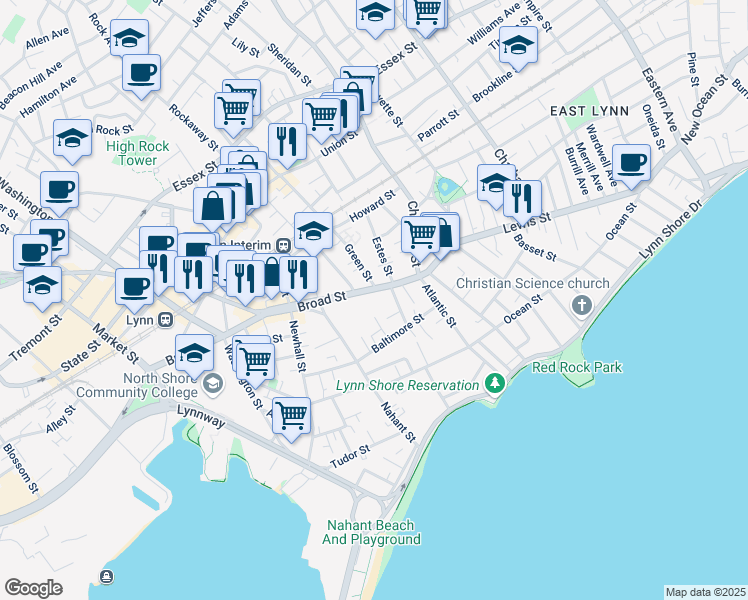 map of restaurants, bars, coffee shops, grocery stores, and more near 40 Broad Street in Lynn