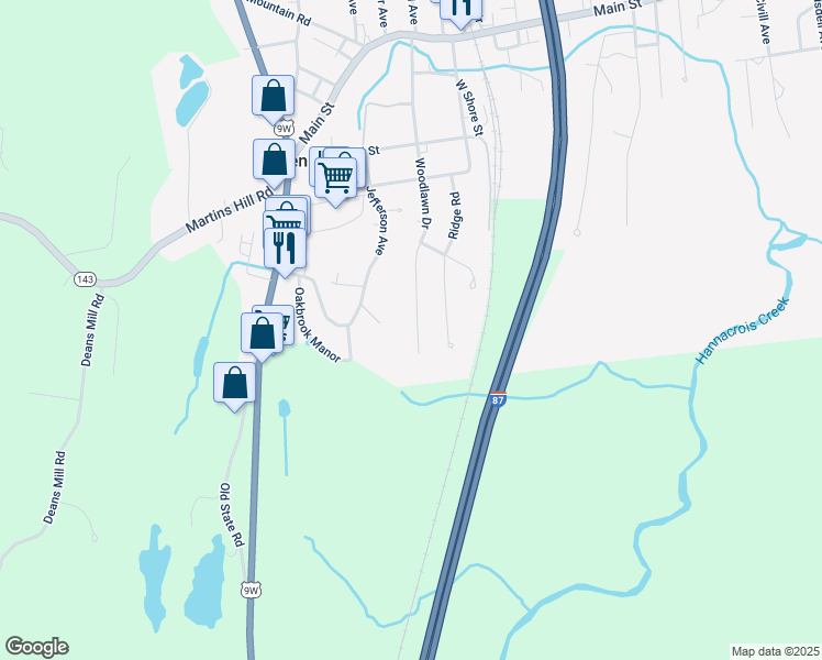 map of restaurants, bars, coffee shops, grocery stores, and more near 87 Woodlawn Drive in Ravena