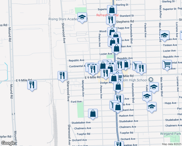 map of restaurants, bars, coffee shops, grocery stores, and more near 7068 Paige Avenue in Warren