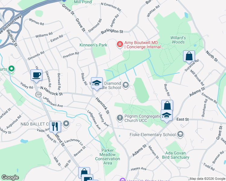 map of restaurants, bars, coffee shops, grocery stores, and more near 16 Victory Garden Way in Lexington