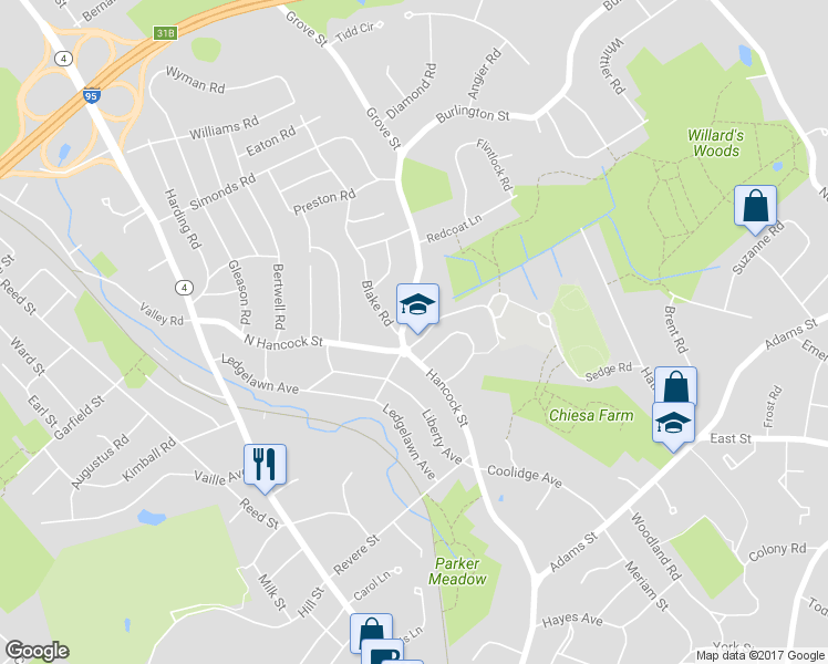 map of restaurants, bars, coffee shops, grocery stores, and more near 9 Burlington Street in Lexington