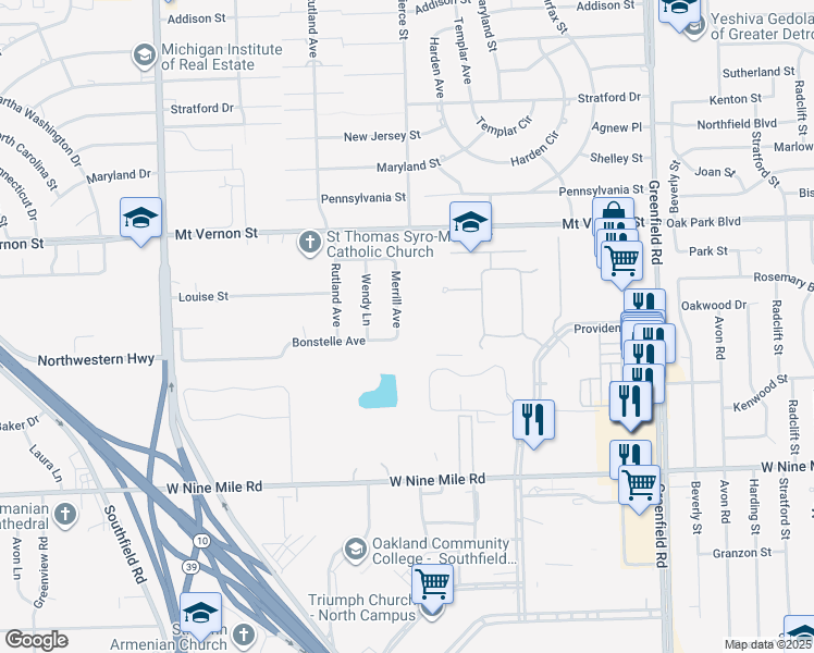 map of restaurants, bars, coffee shops, grocery stores, and more near 23688 Merrill Avenue in Southfield