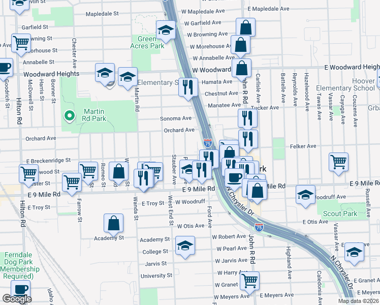map of restaurants, bars, coffee shops, grocery stores, and more near 23314 Powell Avenue in Hazel Park