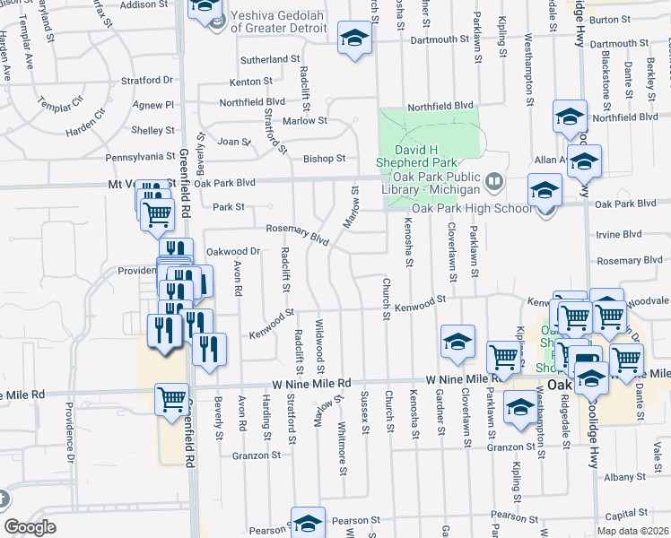 map of restaurants, bars, coffee shops, grocery stores, and more near 23500 Marlow Street in Oak Park