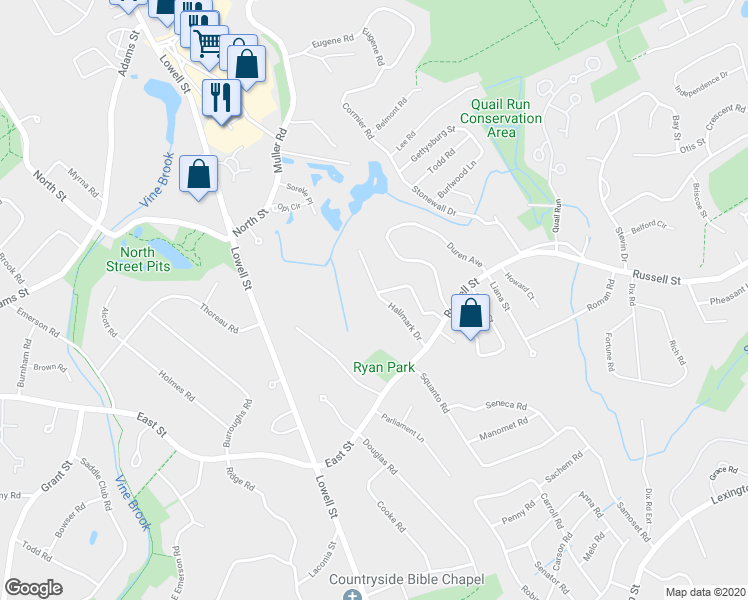 map of restaurants, bars, coffee shops, grocery stores, and more near 14 Hallmark Drive in Woburn