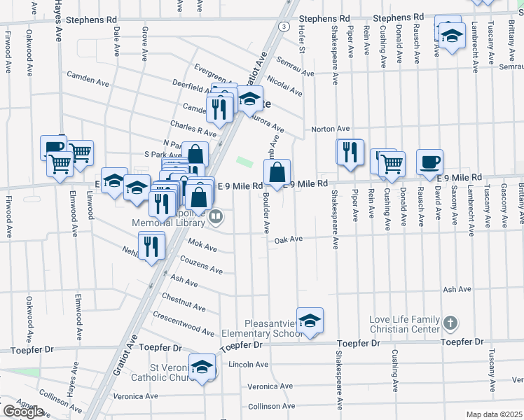 map of restaurants, bars, coffee shops, grocery stores, and more near 22473 Boulder Avenue in Eastpointe