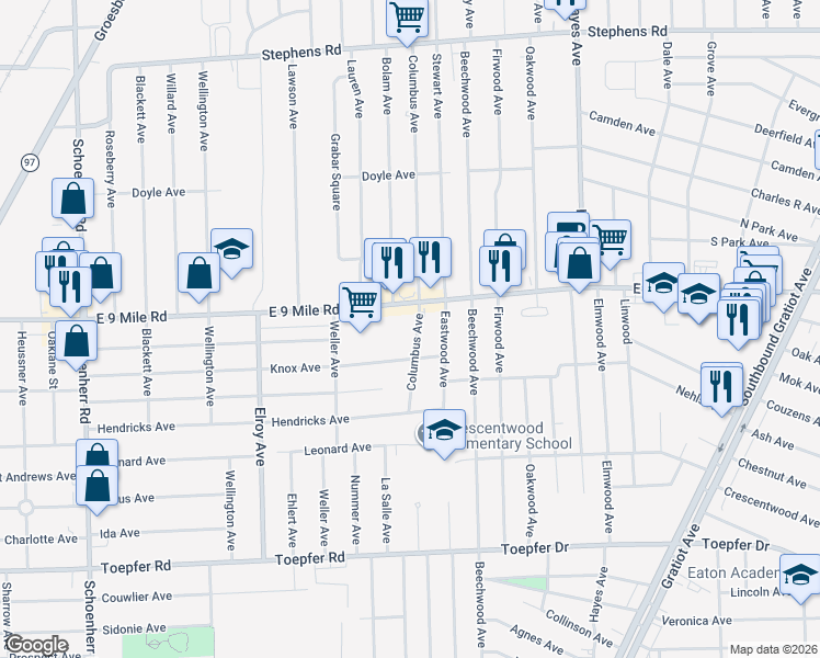 map of restaurants, bars, coffee shops, grocery stores, and more near 14374 East 9 Mile Road in Warren