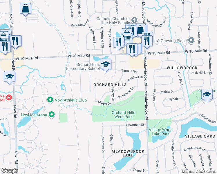 map of restaurants, bars, coffee shops, grocery stores, and more near 41935 Aspen Drive in Novi