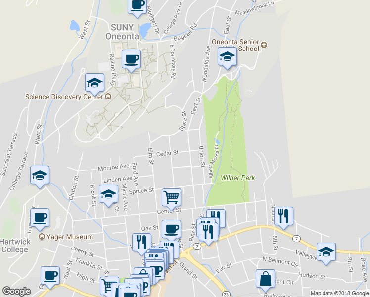 map of restaurants, bars, coffee shops, grocery stores, and more near 45 Cedar Street in Oneonta