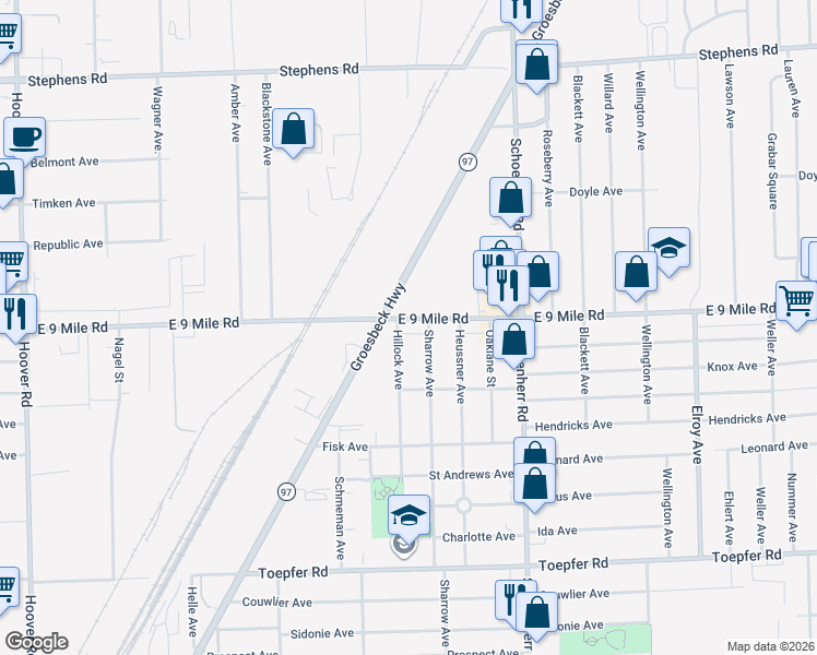map of restaurants, bars, coffee shops, grocery stores, and more near 13118 East 9 Mile Road in Warren