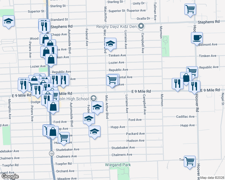 map of restaurants, bars, coffee shops, grocery stores, and more near 8653 East 9 Mile Road in Warren