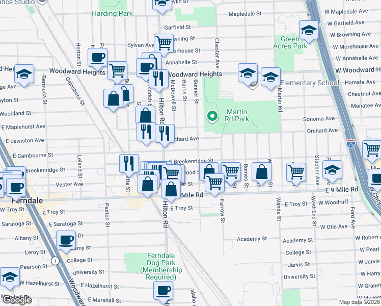 map of restaurants, bars, coffee shops, grocery stores, and more near 1208 East Cambourne Street in Ferndale