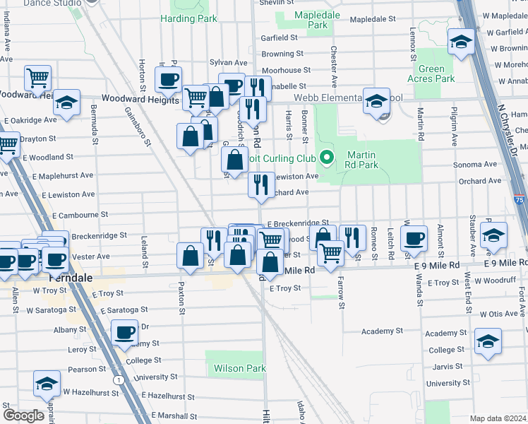 map of restaurants, bars, coffee shops, grocery stores, and more near 2040 Hilton Road in Ferndale